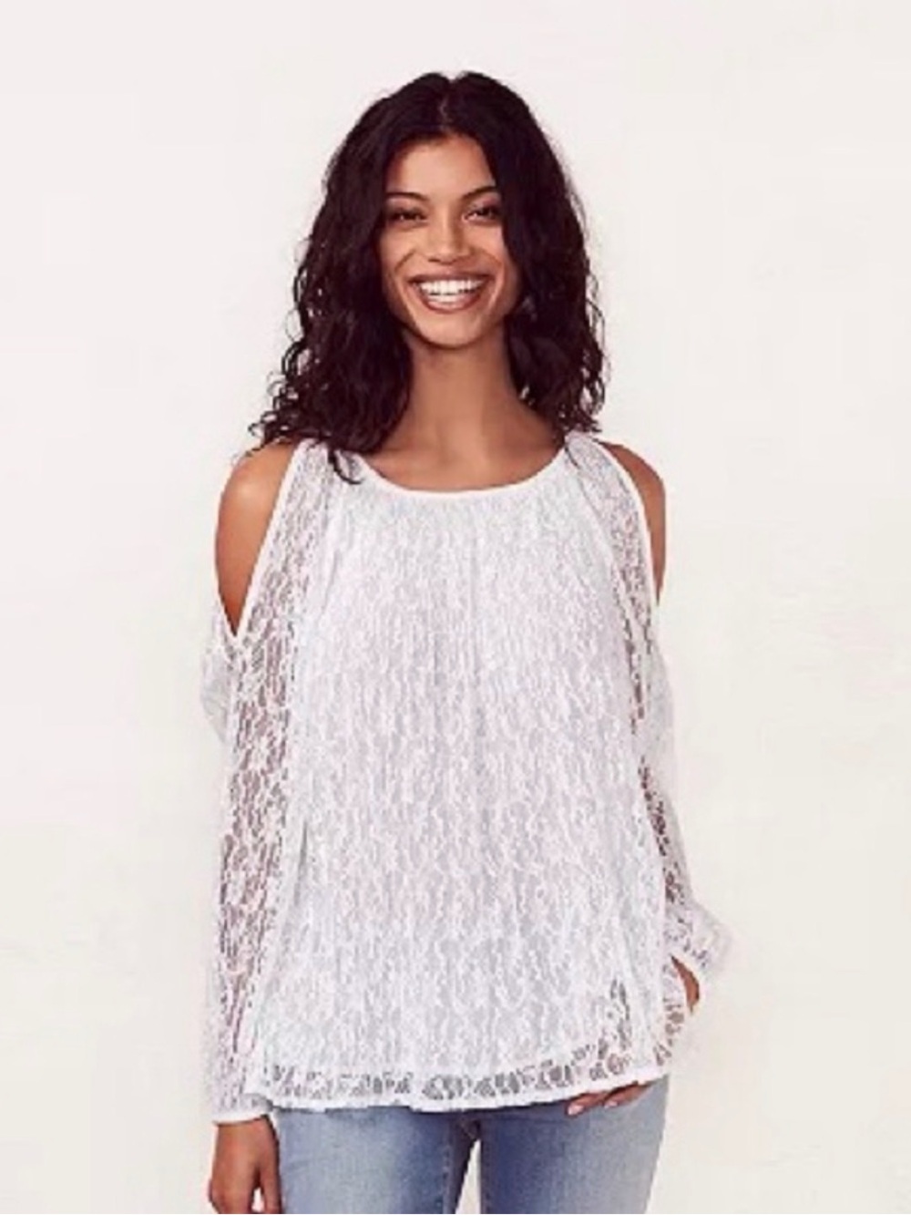 LC Lauren Conrad White Lace Pleated Cold Shoulder Top Blouse Size XS Boho